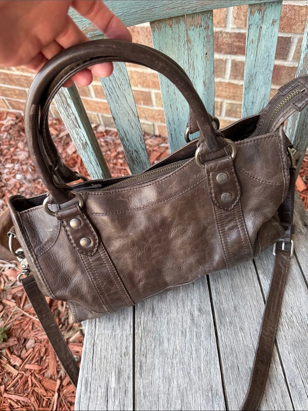 Frye Washed Brown Leather Melissa Satchel Handbag w/Xbody Strap